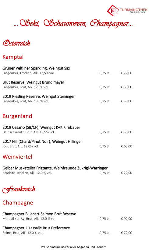 Öhlknechthof - Weinkarte mit Weinempfehlung
