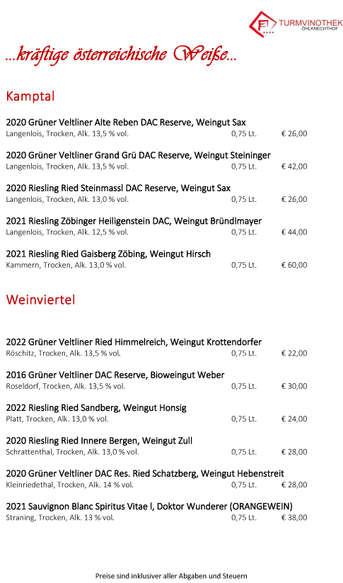 Öhlknechthof - Weinkarte mit Weinempfehlung